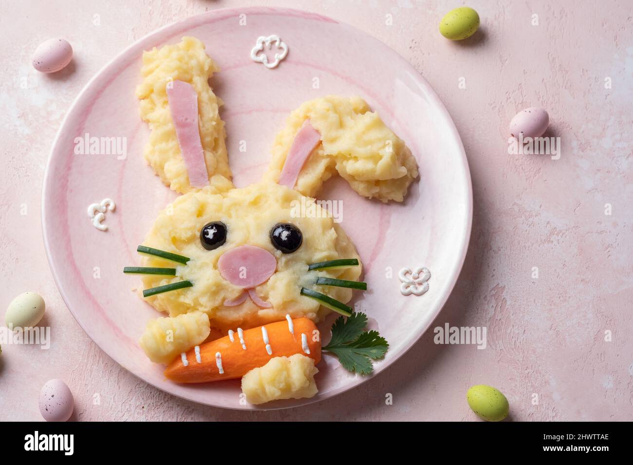 Funny bunny with carrot Mashed potato for Easter kids meal Stock Photo
