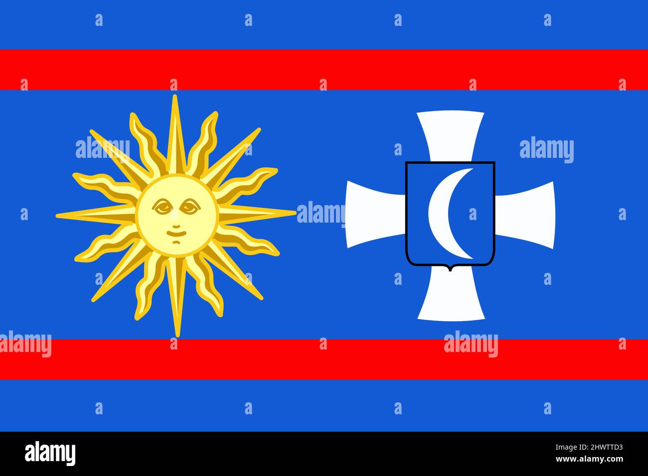 Top view of flag Vinnytsia region, Ukraine. Ukrainian travel and patriot concept. no flagpole. Plane layout, design. Flag background Stock Photo