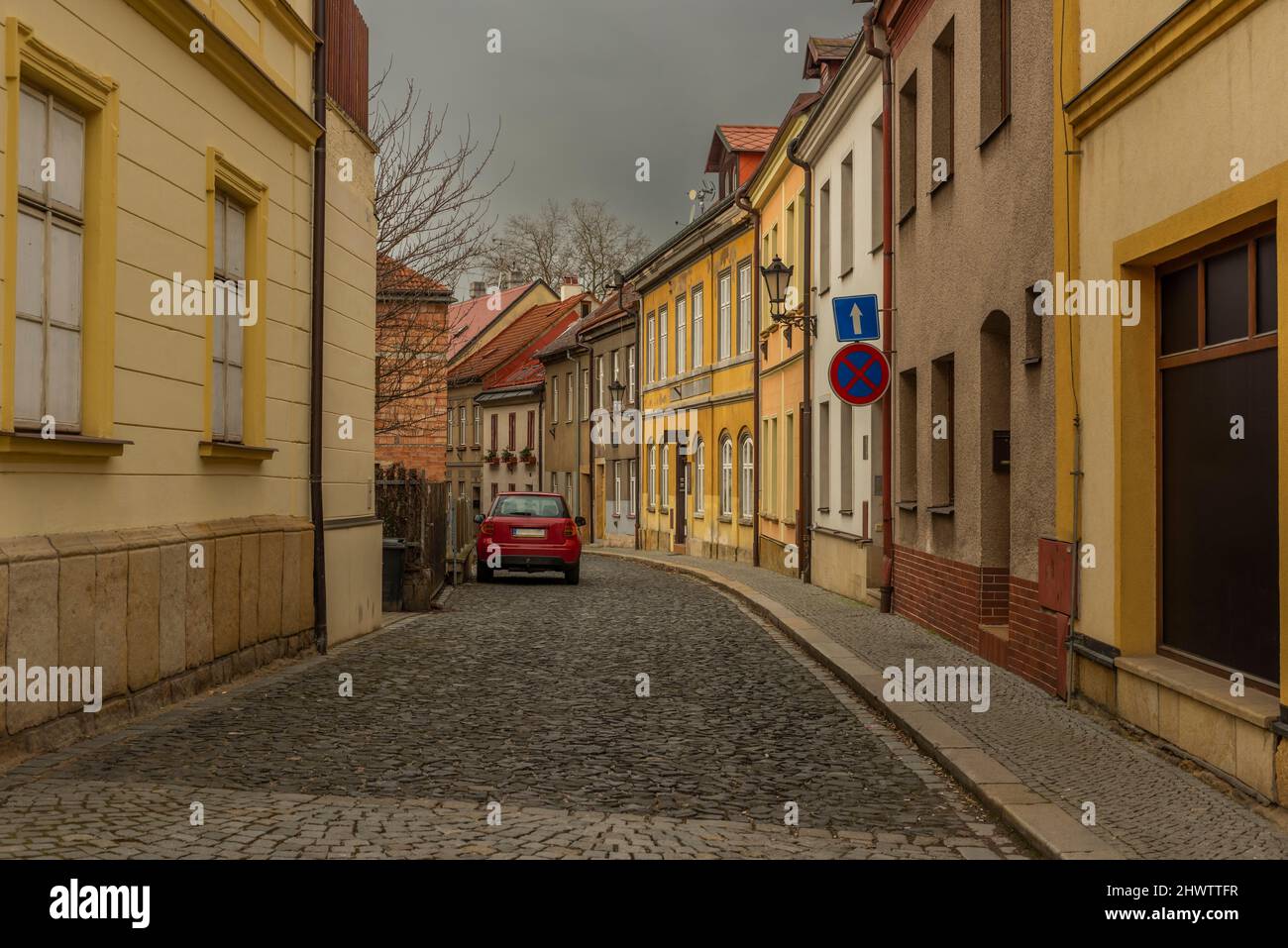 Jicin town after winter storm with color old buildings Stock Photo