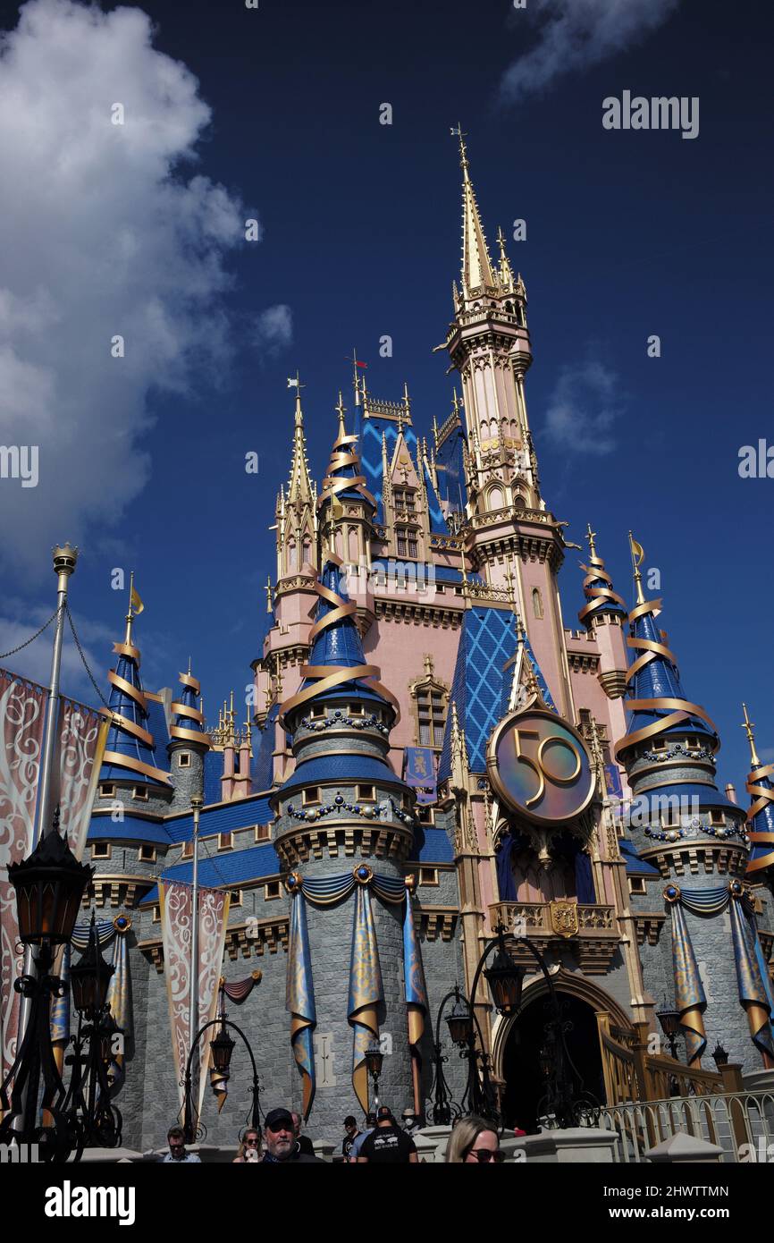 Cinderella's castle decorated with 50th Anniversary of Walt Disney