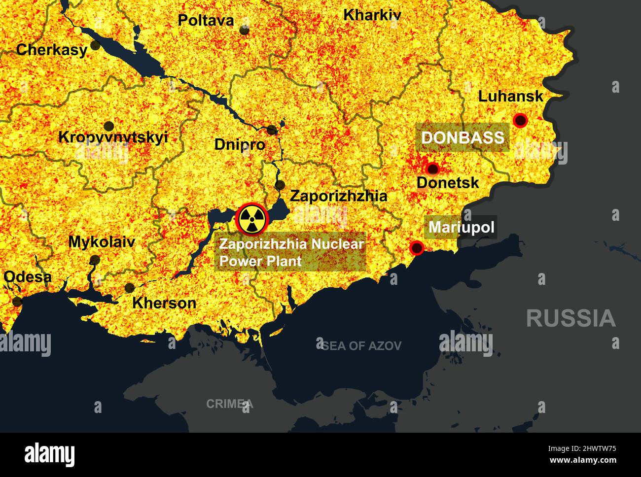 War in Ukraine on map, illustration of cities and hot spots in south-east of Ukraine. Zaporizhzhia Nuclear Power Plant and Mariupol in Russia-Ukraine Stock Photo