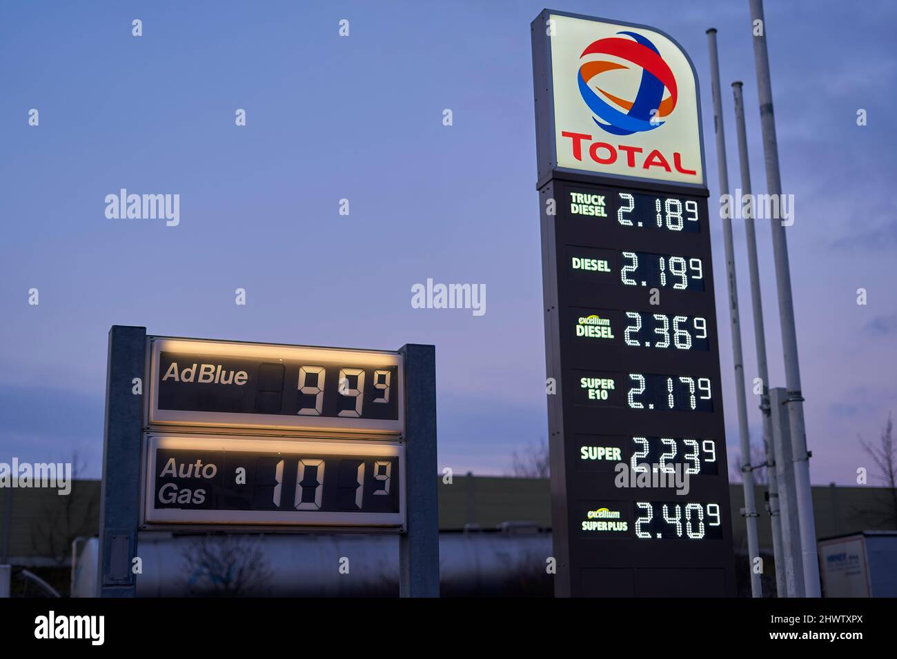 Denkendorf, Germany March 07, 2022 Price board with highest gasoline