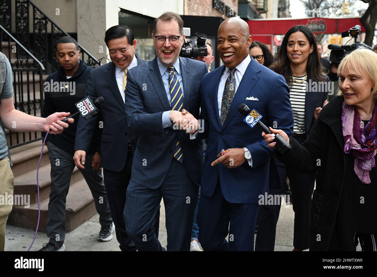 Mayor Eric Adams and Manhattan Borough President Mark Levine speak with