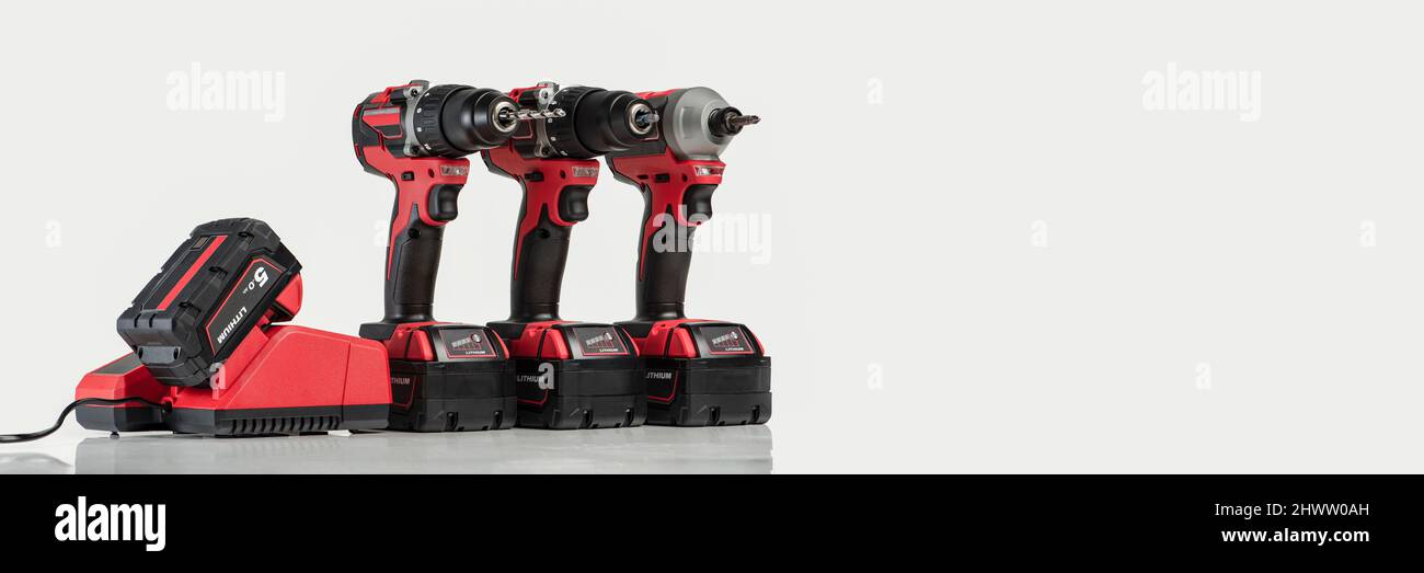 Drill. Set of cordless drills on a white background. Tool for drilling