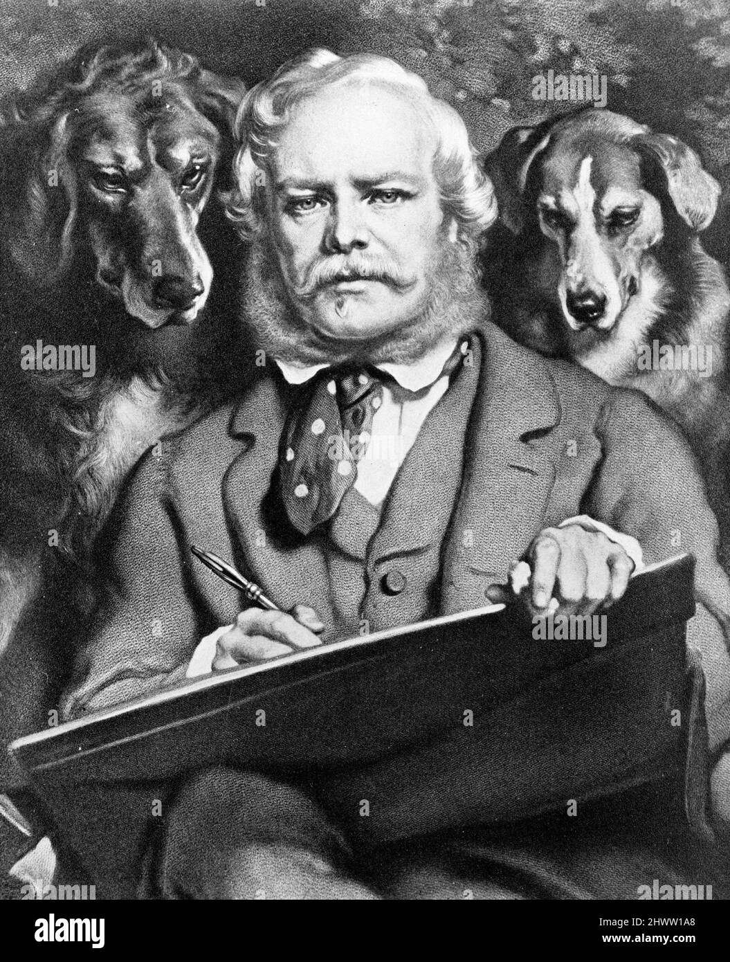 Portrait of Sir Edwin Henry Landseer. Also called 'The Connoisseurs'  Sir Edwin Henry Landseer and two dogs. Stock Photo