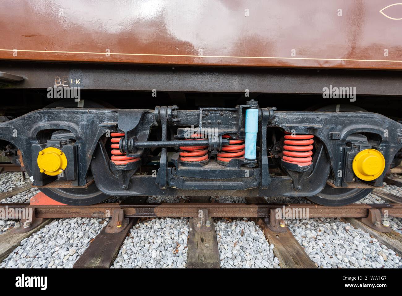 Close up of train wheels on a railway carriage Stock Photo - Alamy