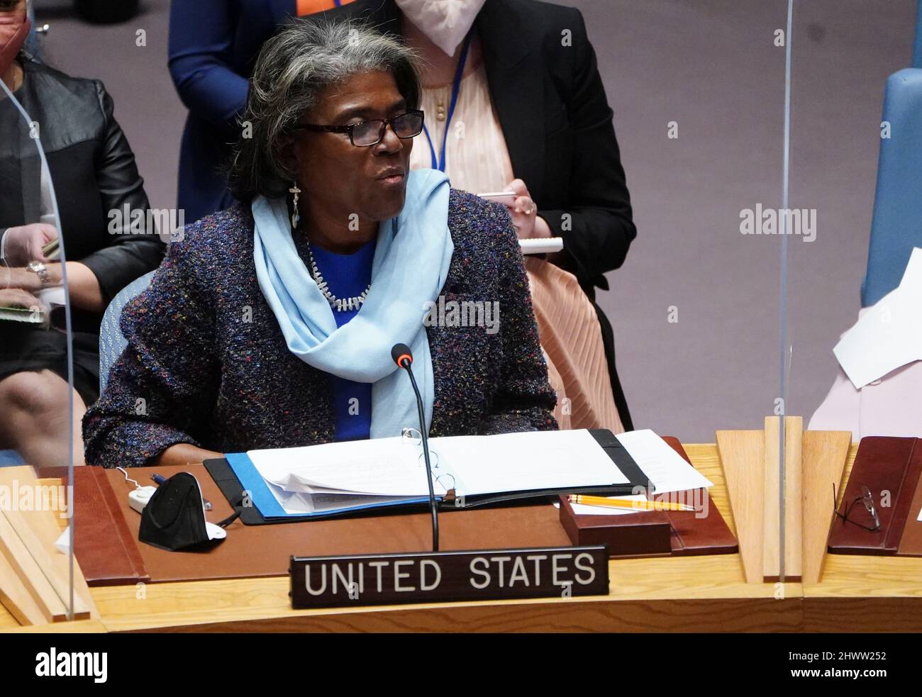 U.S. Ambassador to the U.N. Linda Thomas-Greenfield speaks during a meeting of the United Nations Security Council on Threats to International Peace and Security, following Russia's invasion of Ukraine, in New York City, U.S., March 7, 2022. REUTERS/Carlo Allegri Stock Photo