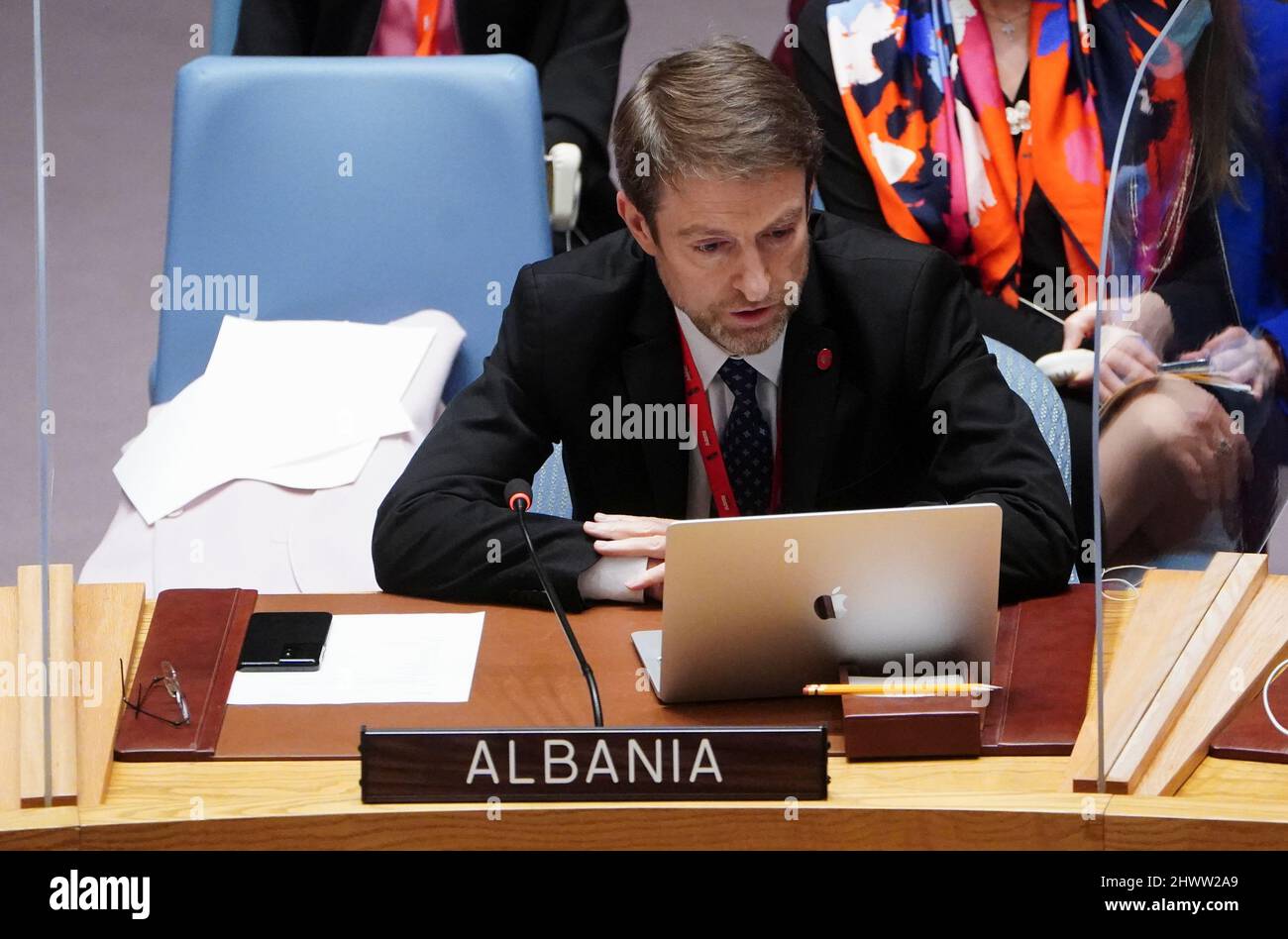 Albania's Ambassador to the U.N. Ferit Hoxha speaks during a meeting of the United Nations Security Council on Threats to International Peace and Security, following Russia's invasion of Ukraine, in New York City, U.S., March 7, 2022. REUTERS/Carlo Allegri Stock Photo