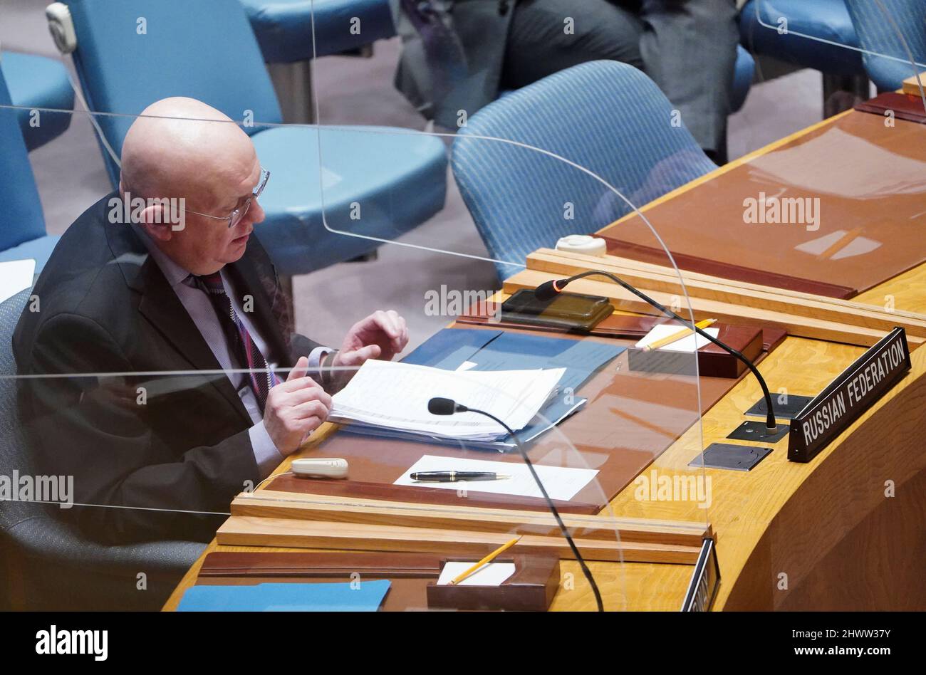 Russia's Ambassador to the United Nations Vassily Nebenzia speaks during a meeting of the United Nations Security Council on Threats to International Peace and Security, following Russia's invasion of Ukraine, in New York City, U.S., March 7, 2022. REUTERS/Carlo Allegri Stock Photo