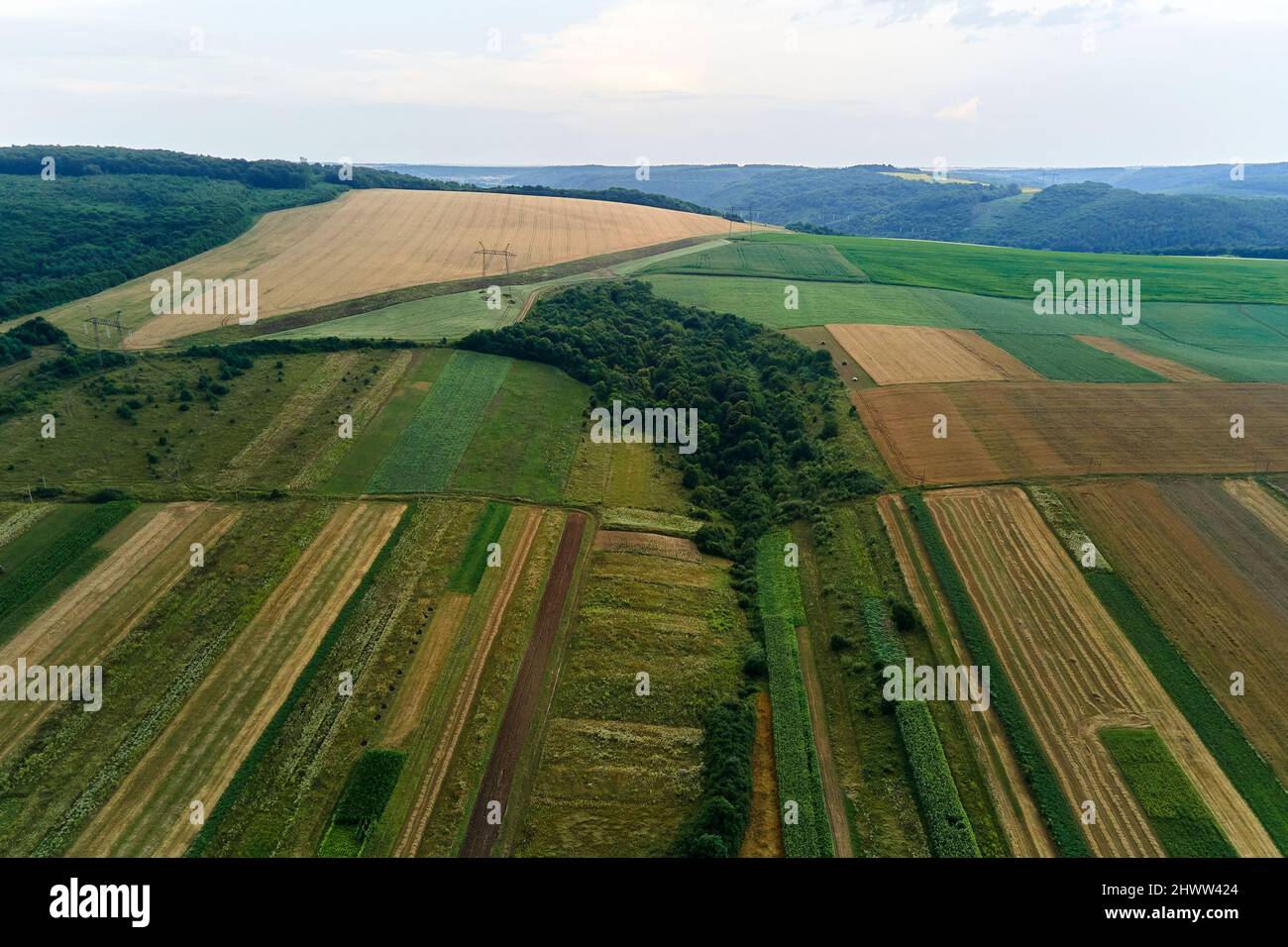 Aerial landscape view of green cultivated agricultural fields with ...