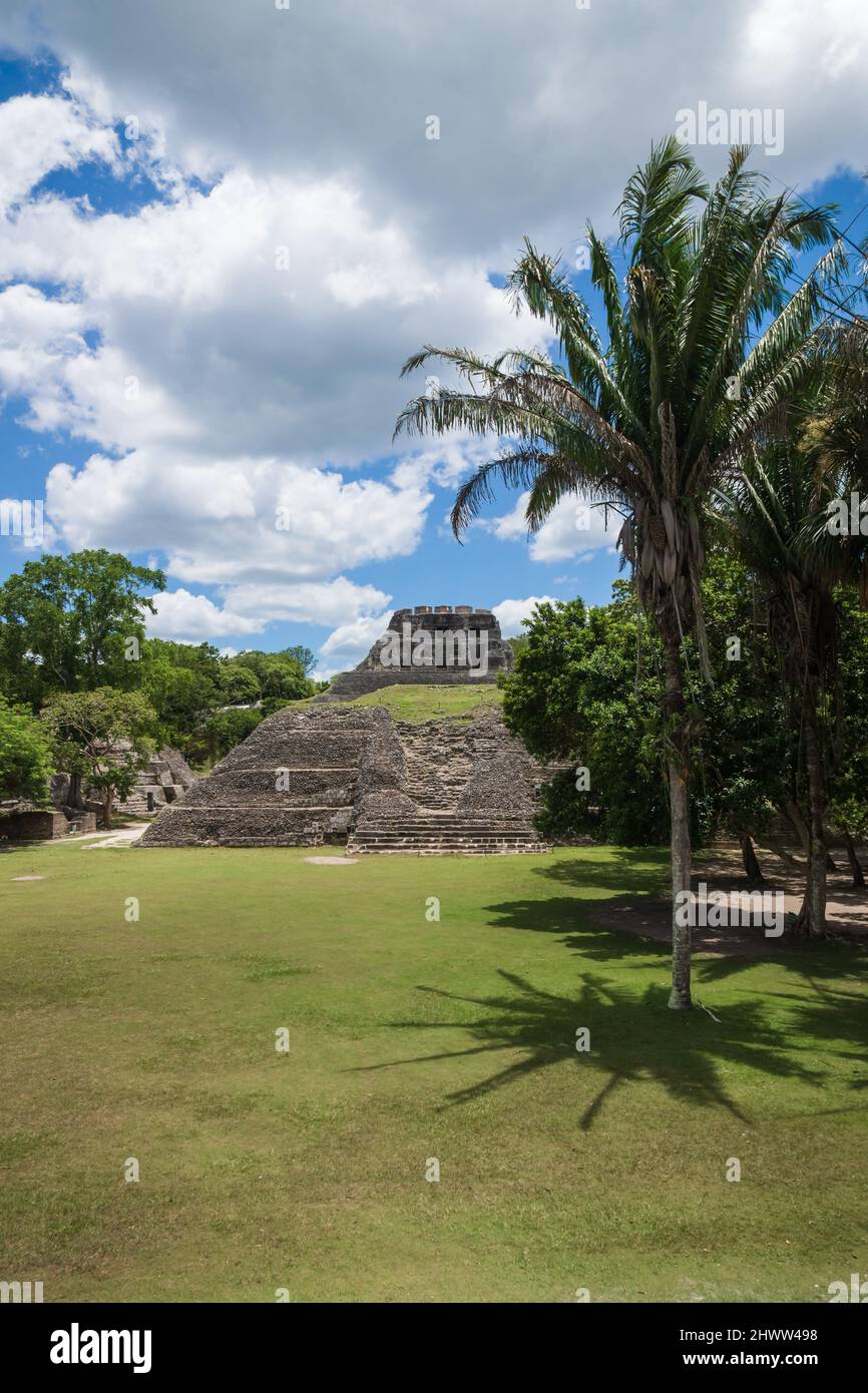 Sunlit Maya ruin 'El Castillo' with palm trees at the archeological site Xunantunich near San Ignacio, Belize Stock Photo