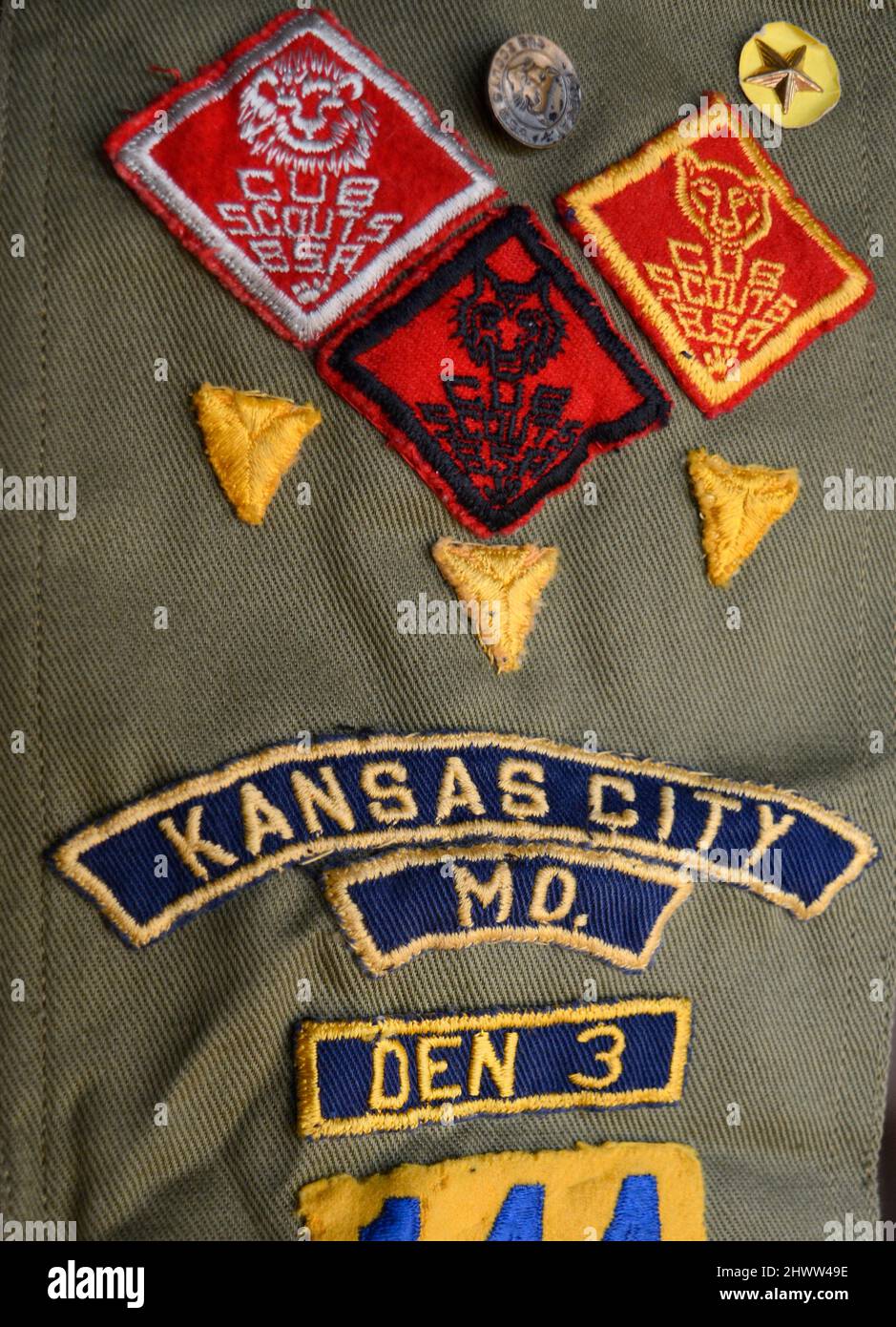 A close-up photograph of a vintage Cub Scout uniform for sale in an antique shop in Santa Fe, New Mexico. Stock Photo