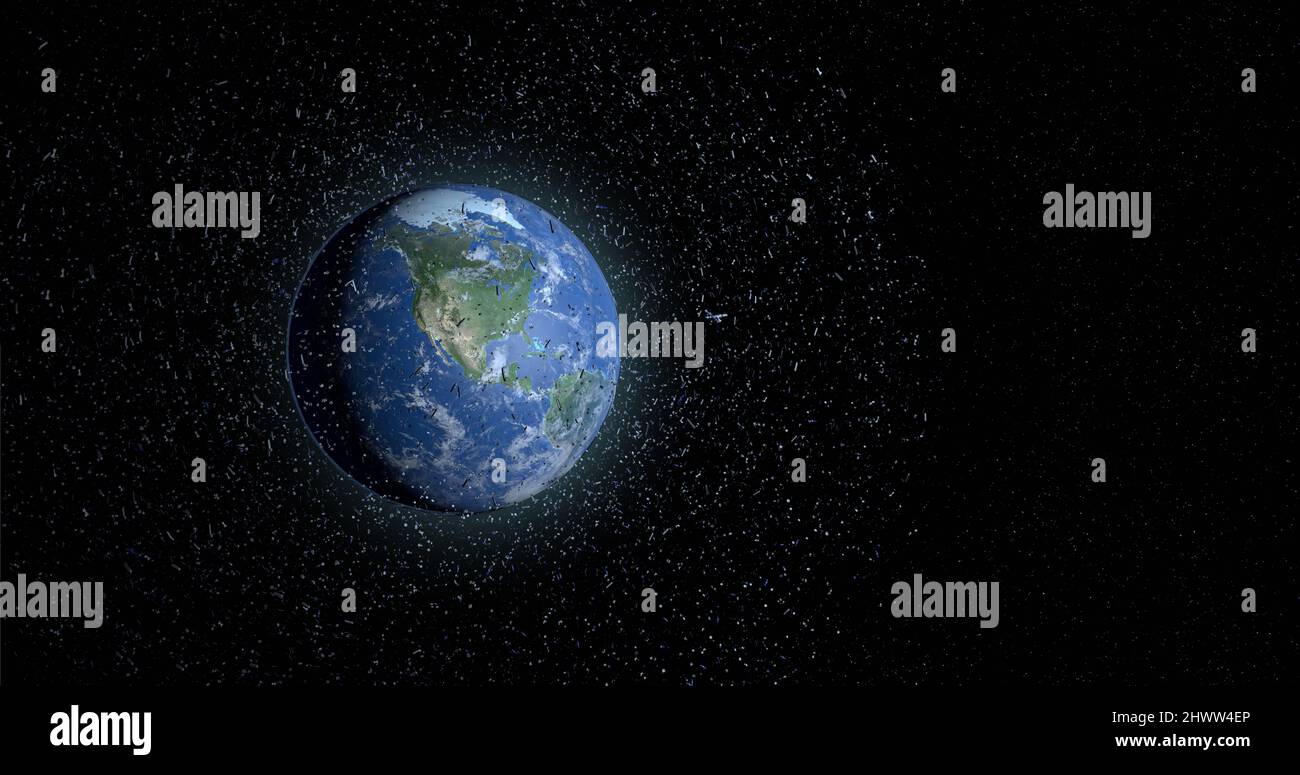 Panoramic view of space debris floating in the orbit of Earth