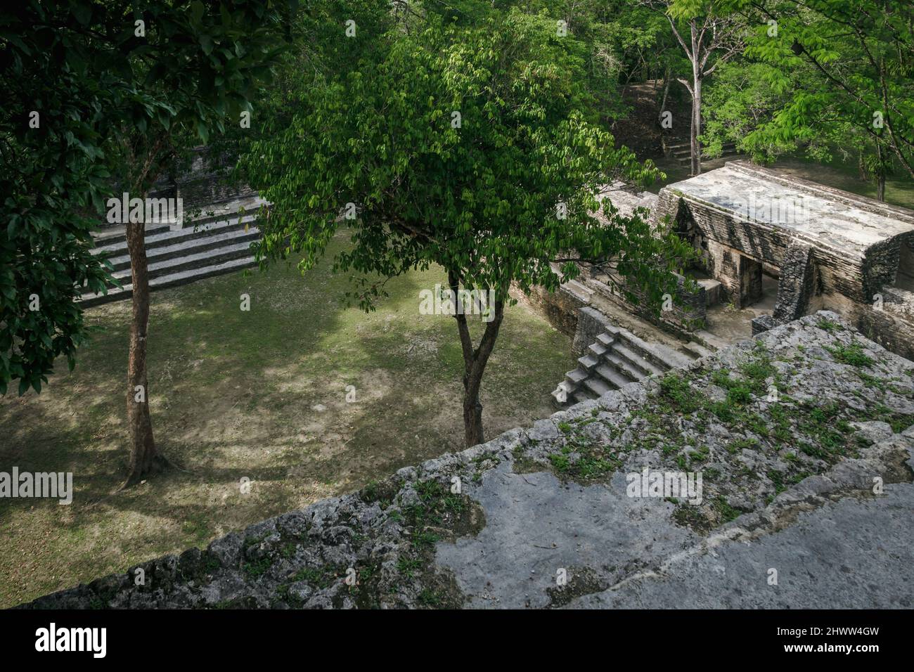 Aerial view on 'Plaza A' at the Maya site'Cahal Pech' in tropical forest, San Ignacio, Belize Stock Photo