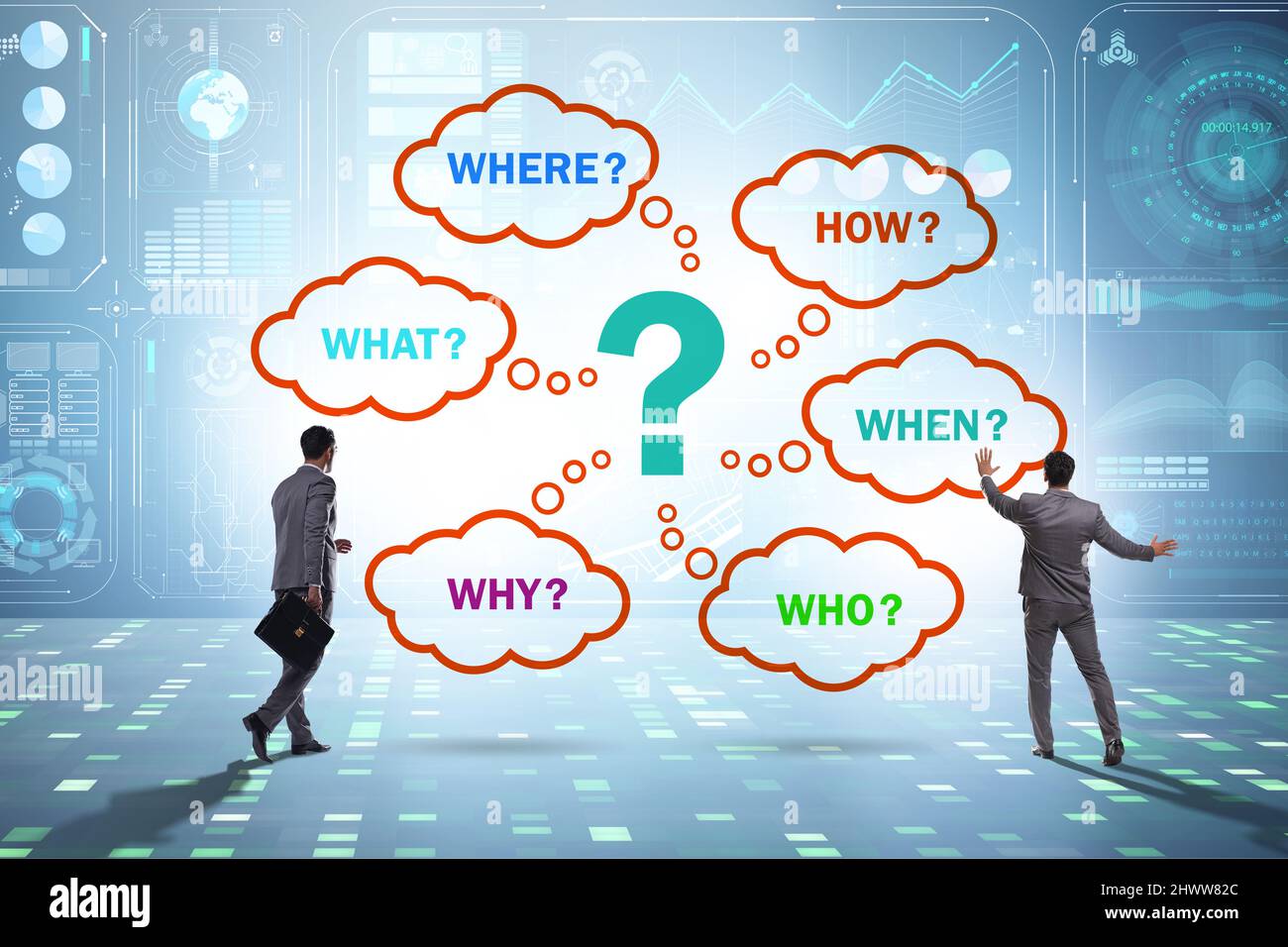Concept of many questions with the businessman Stock Photo - Alamy