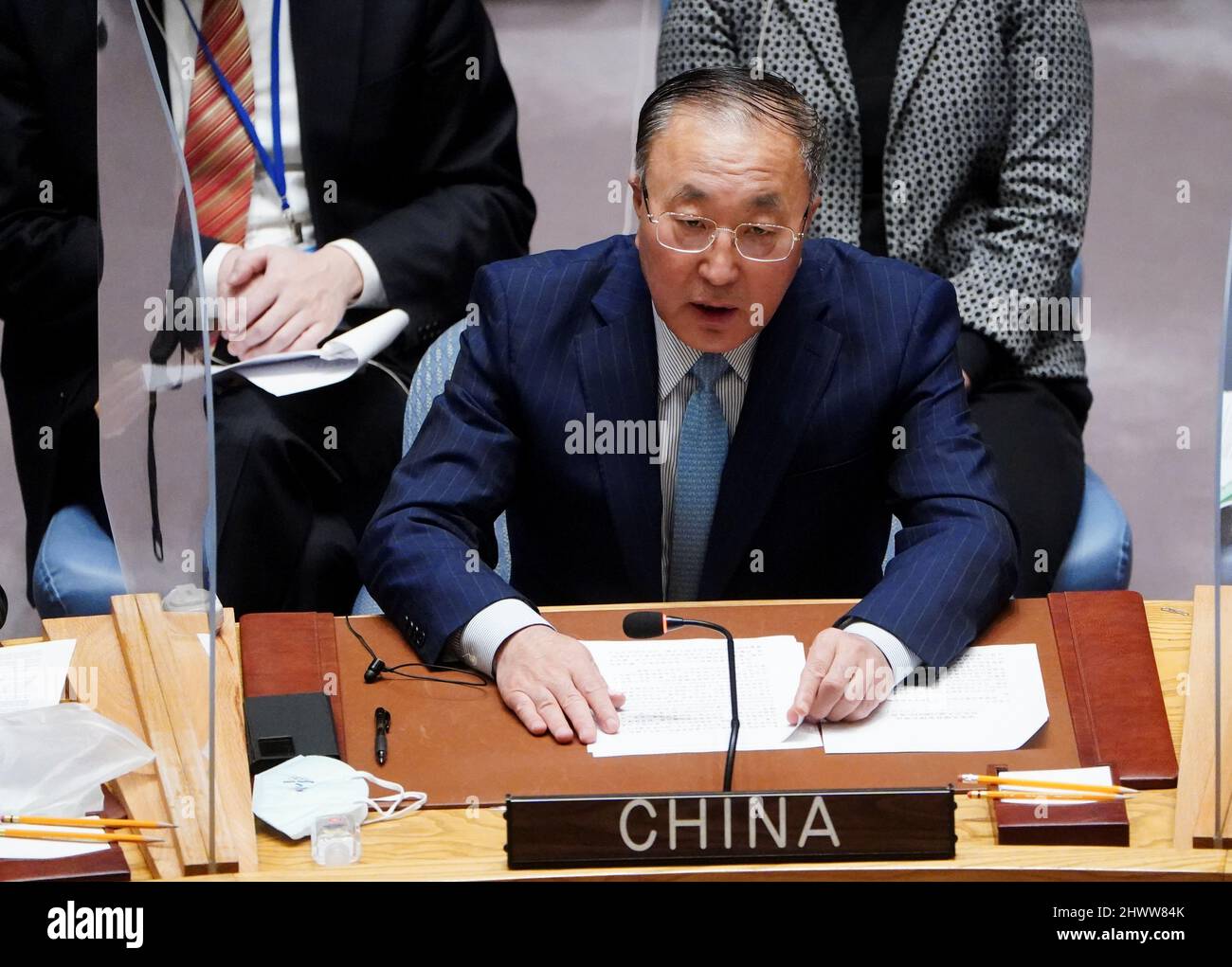 China's Ambassador to the UN Zhang Jun speaks during a meeting of the United Nations Security Council on Threats to International Peace and Security, following Russia's invasion of Ukraine, in New York City, U.S., March 7, 2022. REUTERS/Carlo Allegri Stock Photo