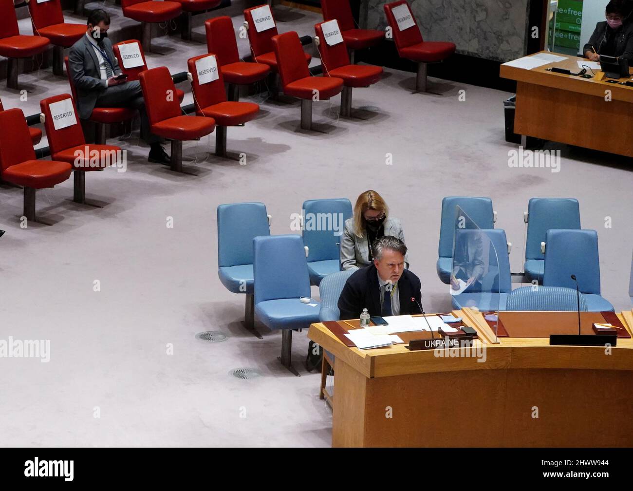 Ukrainian Ambassador to the United Nations Sergiy Kyslytsya attends a meeting of the United Nations Security Council on Threats to International Peace and Security, following Russia's invasion of Ukraine, in New York City, U.S., March 7, 2022. REUTERS/Carlo Allegri Stock Photo
