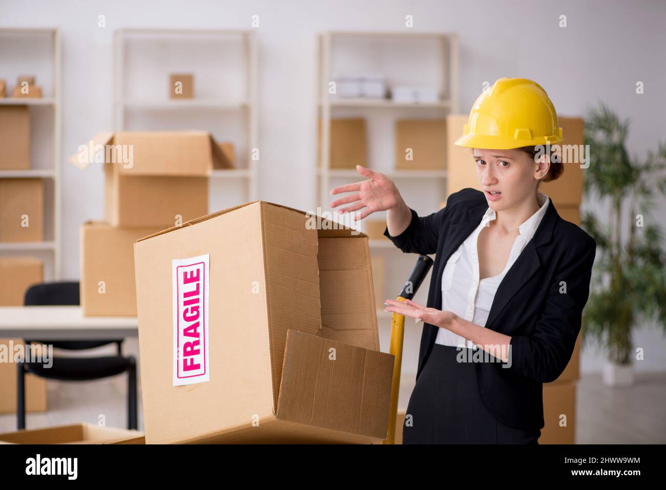 Female professional mover doing home relocation Stock Photo Alamy