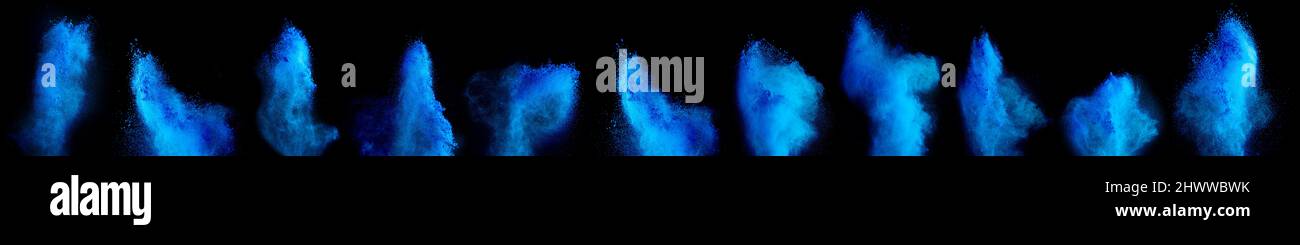 set collection row of cyan blue holi paint color powder explosion isolated on dark black background. industry beautiful party festival concept Stock Photo