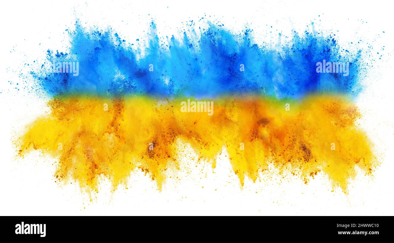 colorful ukrainan flag yellow blue color holi paint powder explosion isolated on white background. russia ukraine conflict war freedom concept Stock Photo