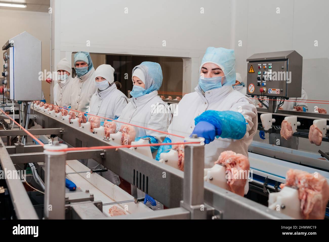 Meat processing plant.Industrial equipment at a meat factory.Modern