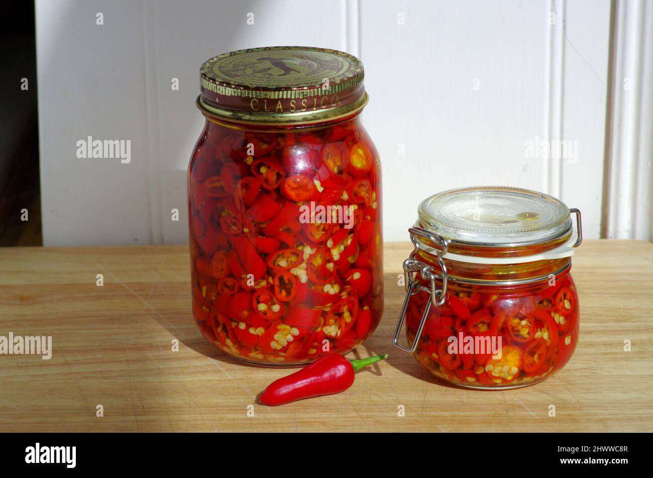 Fresh chilis preserved in olive oil in preserving jars. Stock Photo