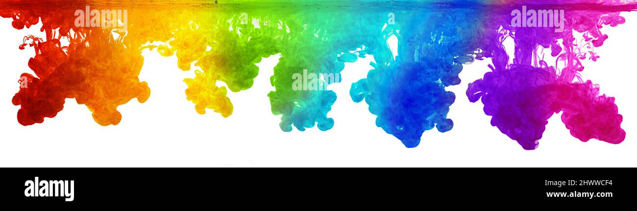 colorful rainbow ink paint water explosion panorama isolated on white background Stock Photo