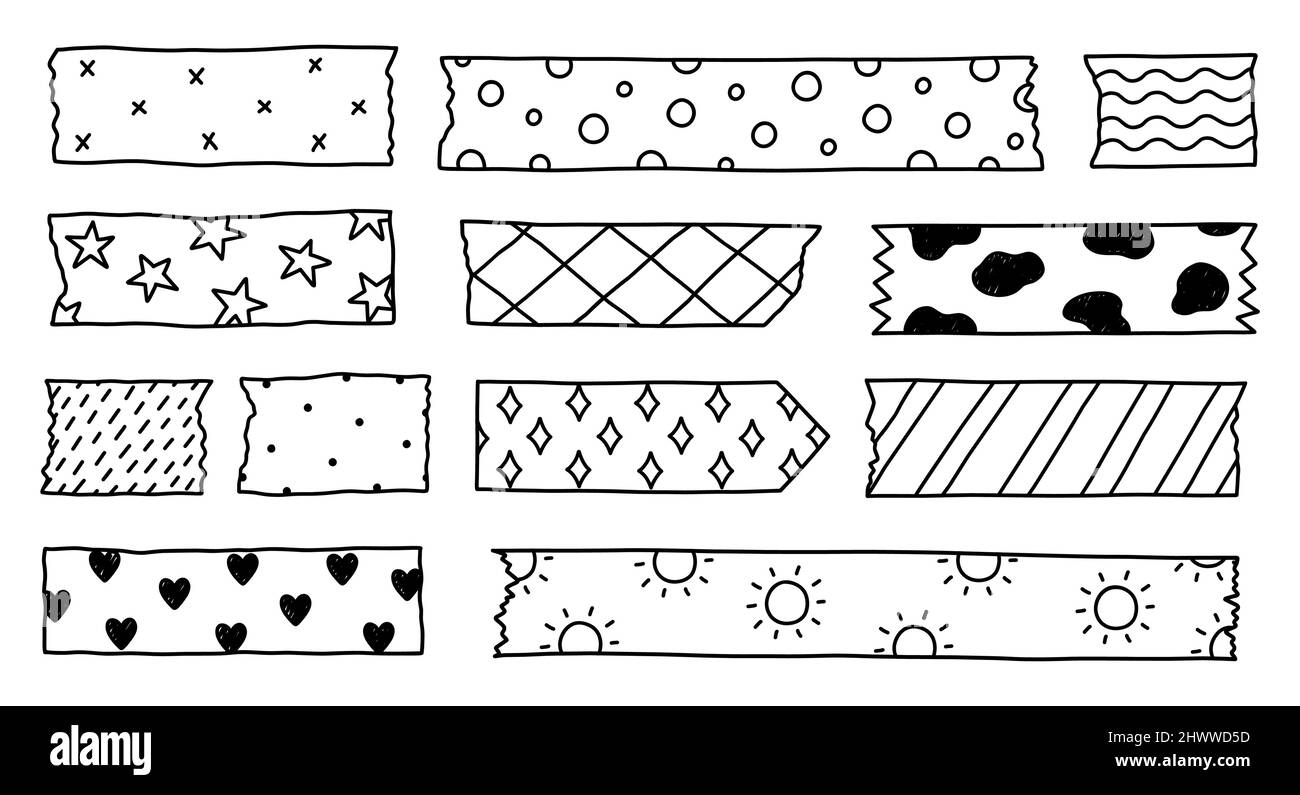 Set of washi tape strips with various cute designs isolated on white background. Scotch paper sticker. Vector hand-drawn illustration in doodle style. Perfect for cards, decorations. Stock Vector