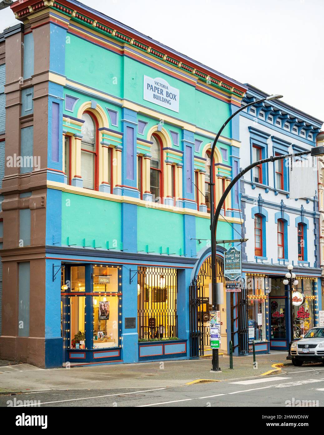 Victorian buildings along the shopping district on Yates Street in downtown Victoria BC, Vancouver Island, Canada. Stock Photo