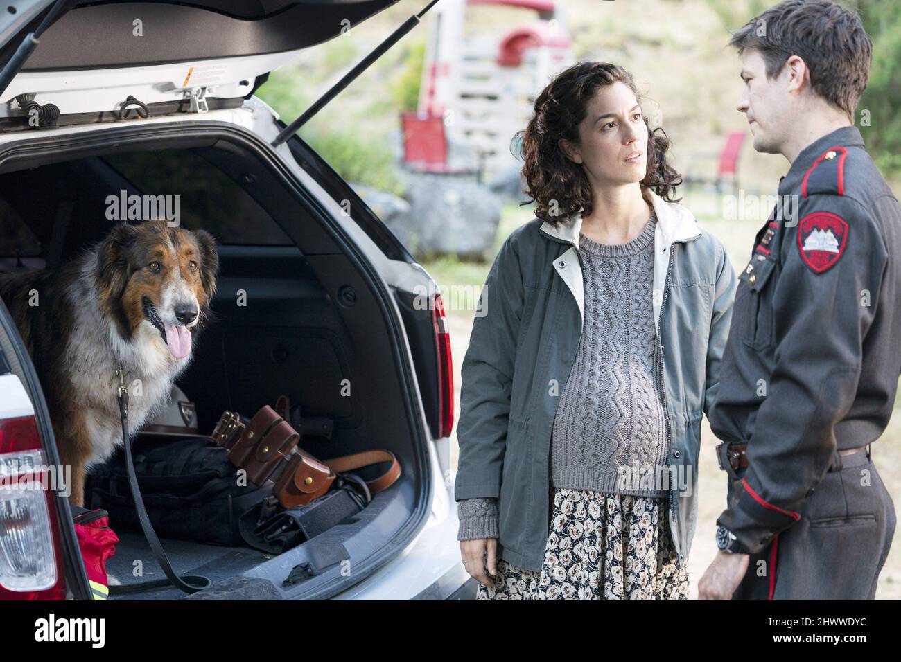 RESCUED BY RUBY, from left Kaylah Zander, Grant Gustin, with Ruby, 2022. ph Ricardo Hubbs