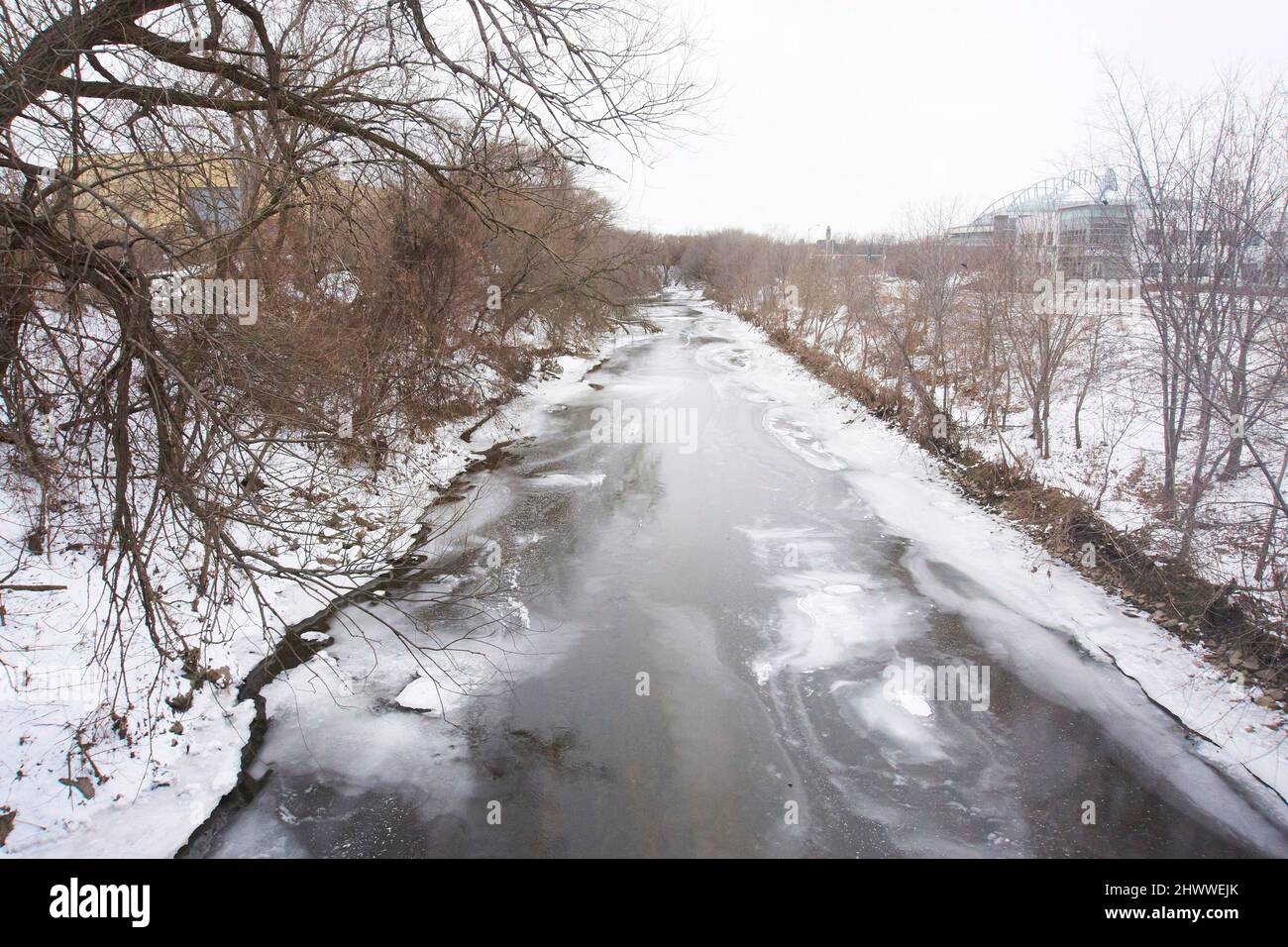 Menomonee River at Three Bridges Park in winter, Milwaukee, Wisconsin. Stock Photo