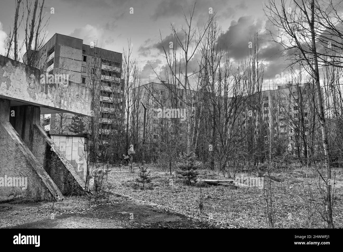 A disturbing look in BW of some structures of the ghost and 'radioactive' town of Pripyat where,in 1986,the famous Chernobyl nuclear accident occurred Stock Photo