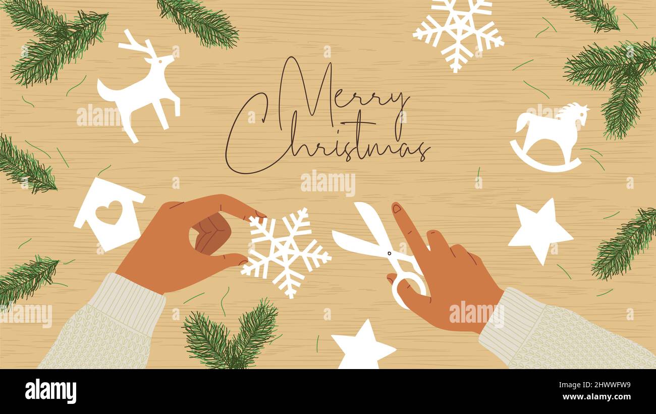 Merry Christmas greeting card illustration of people hands making paper cut holiday decoration. Flat cartoon craft xmas present concept for eco-friend Stock Vector