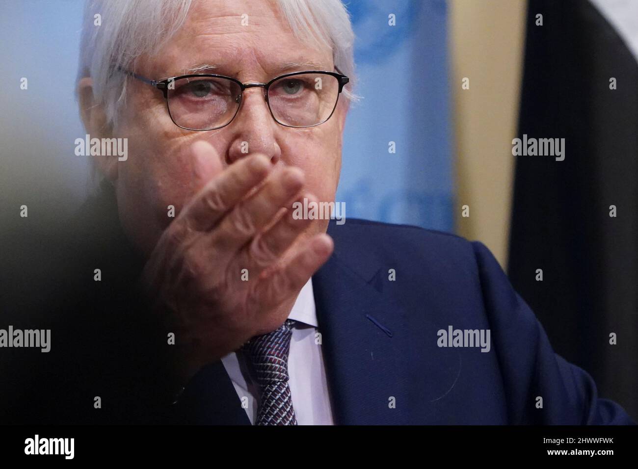 United Nations Under-Secretary-General for Humanitarian Affairs and Emergency Relief Coordinator Martin Griffiths makes declarations to the media after a meeting of the United Nations Security Council on Threats to International Peace and Security, following Russia's invasion of Ukraine, in New York City, U.S., March 7, 2022. REUTERS/Carlo Allegri Stock Photo