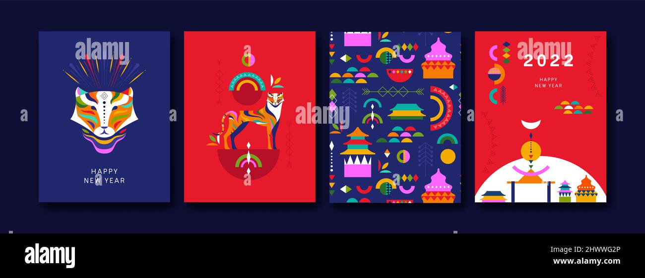 Chinese New Year 2022 greeting card set. Colorful tiger animal with geometric folk art style decoration and abstract asian shapes pattern. Modern chin Stock Vector