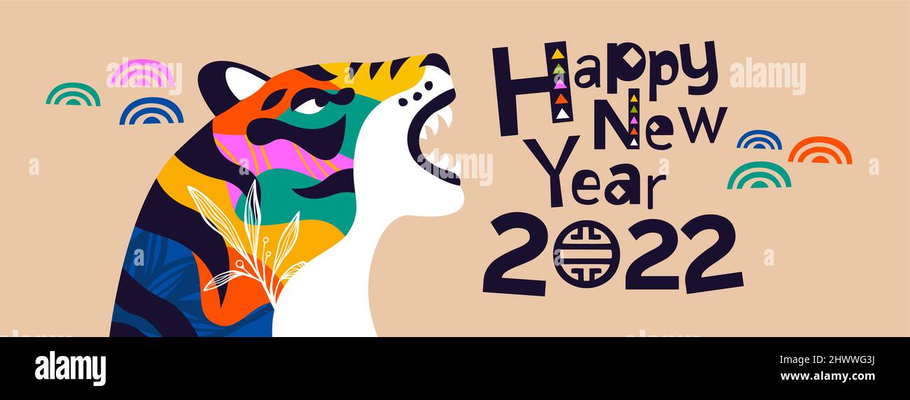 Happy Chinese New Year 2022 greeting card illustration of hand drawn tiger animal cartoon with colorful abstract nature decoration and traditional Asi Stock Vector
