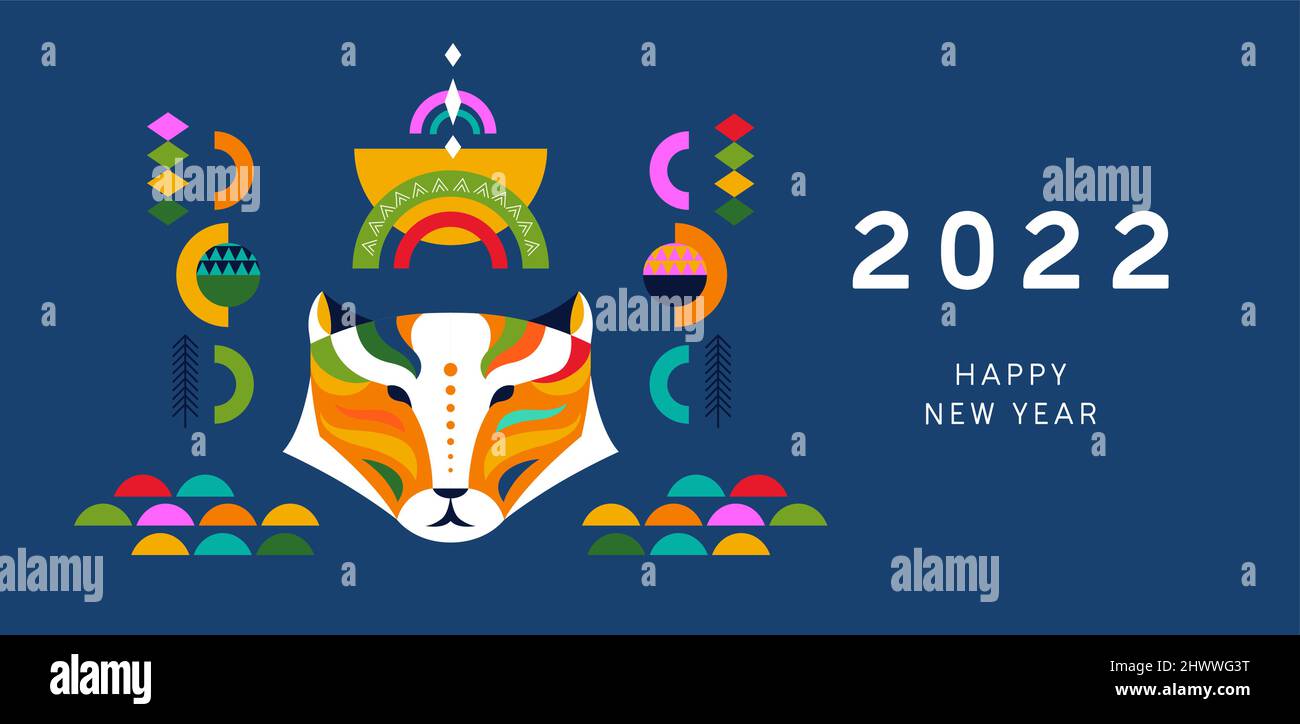 Happy Chinese New Year 2022 greeting card illustration of colorful tiger animal with geometric folk art style decoration and abstract symbol. Modern c Stock Vector