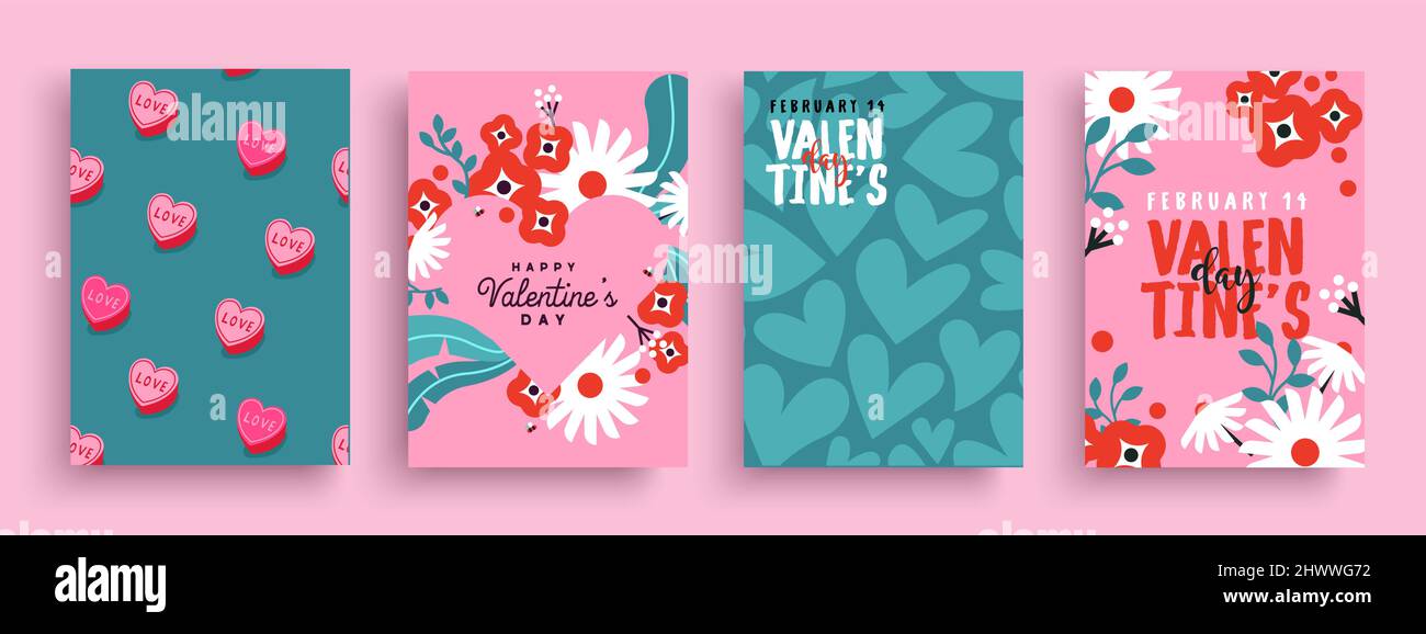 Happy Valentine's Day greeting card set illustration of flat cartoon flower bouquet gift and love hearts pattern. February 14 holiday event design. Stock Vector
