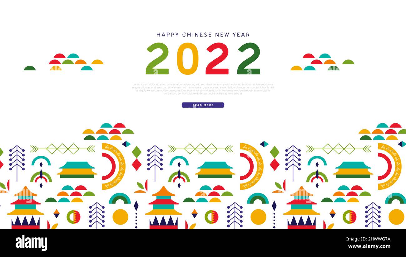 Happy Chinese New Year 2022 web template illustration of modern colorful asian decoration and architecture landmark. Abstract folk style design for tr Stock Vector