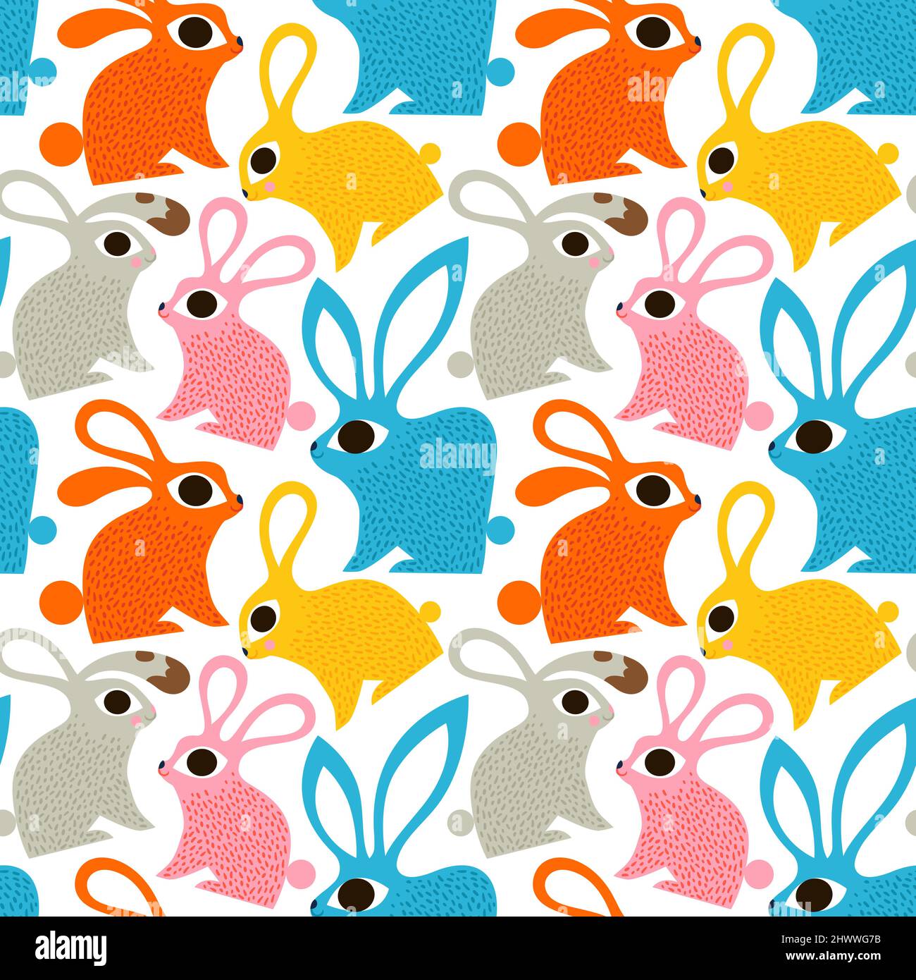 Easter rabbit seamless pattern illustration. Cute bunny animal background in vintage folk art style. Traditional scandinavian design for spring holida Stock Vector