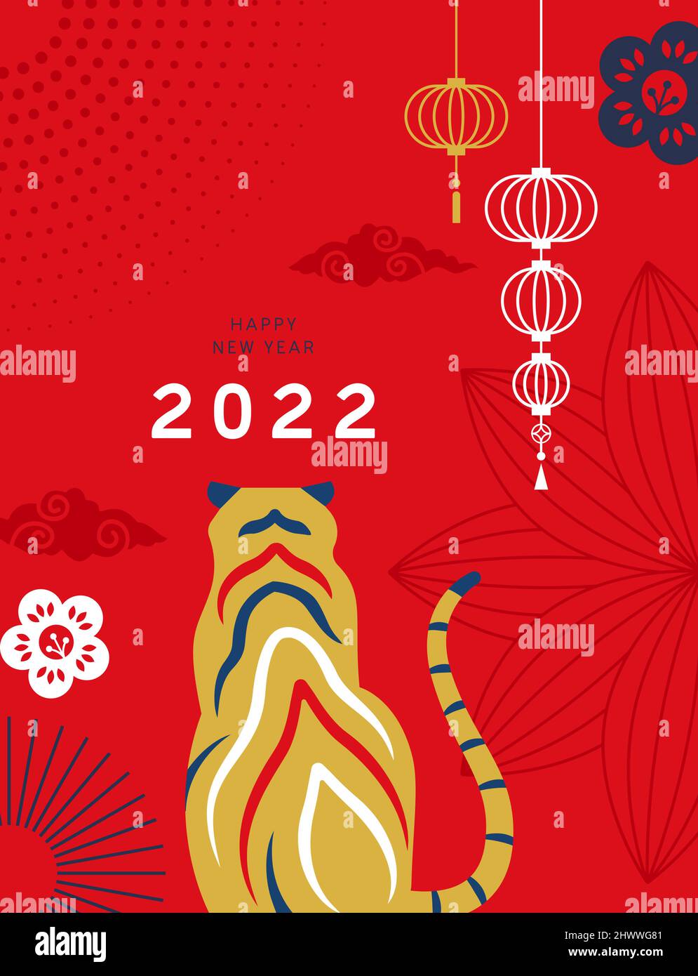 Chinese New Year 2022 greeting card illustration in modern flat geometric style. Minimalist red asian design of traditional decoration and gold tiger Stock Vector