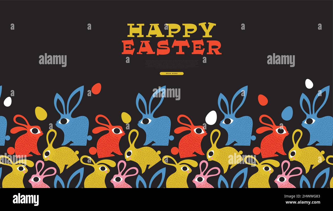 Happy Easter web template illustration of retro folk art rabbits decoration with copy space text. Vintage scandinavian style design for spring season Stock Vector