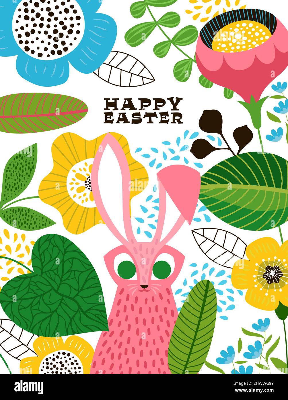 Happy Easter greeting card of funny rabbit animal in folk art style with nature decoration. Spring festival background illustration for traditional ch Stock Vector
