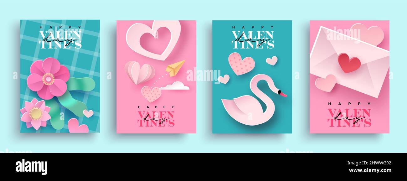 Happy Valentine's Day floral greeting card set illustration in realistic 3d papercut style. Paper craft flowers, heart shape and swan birds. Romantic Stock Vector