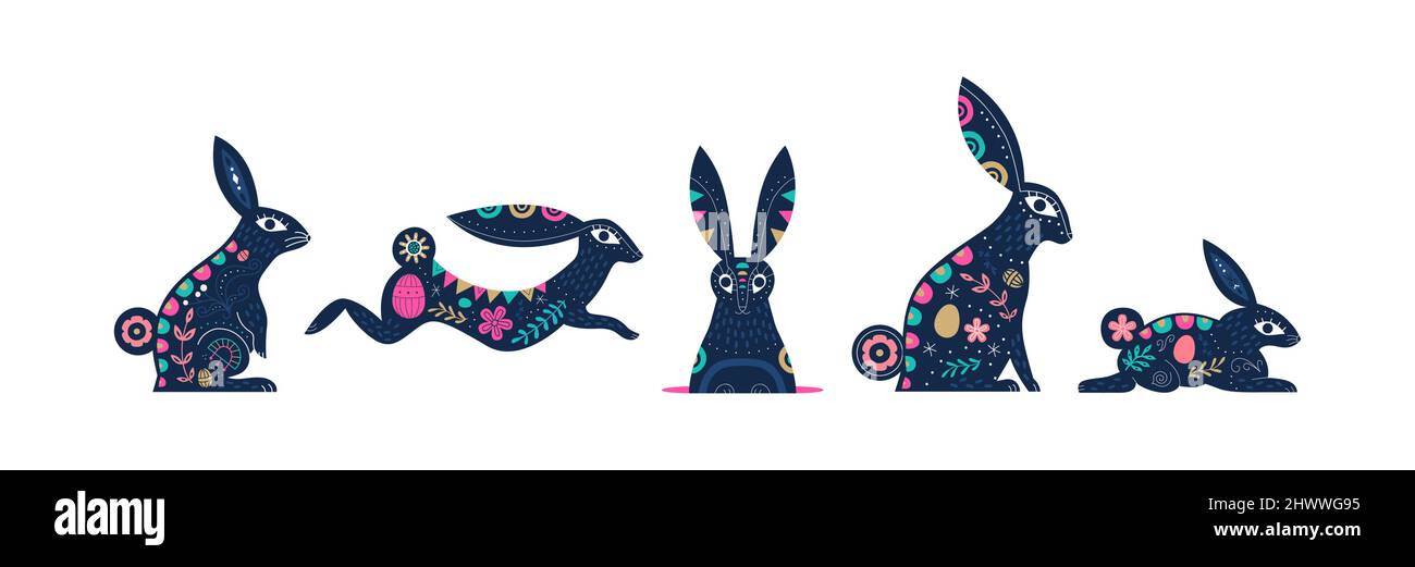 Easter rabbit animal set in vintage folk art style. Colorful bunny cartoon collection on isolated white background with flower decoration and spring d Stock Vector