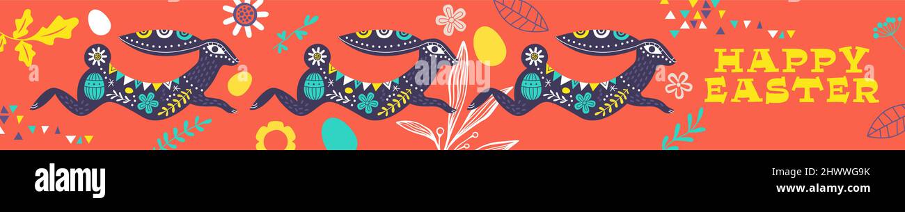 Happy Easter social media banner of funny rabbit animal in folk art style with floral doodle. Spring festival background illustration for traditional Stock Vector