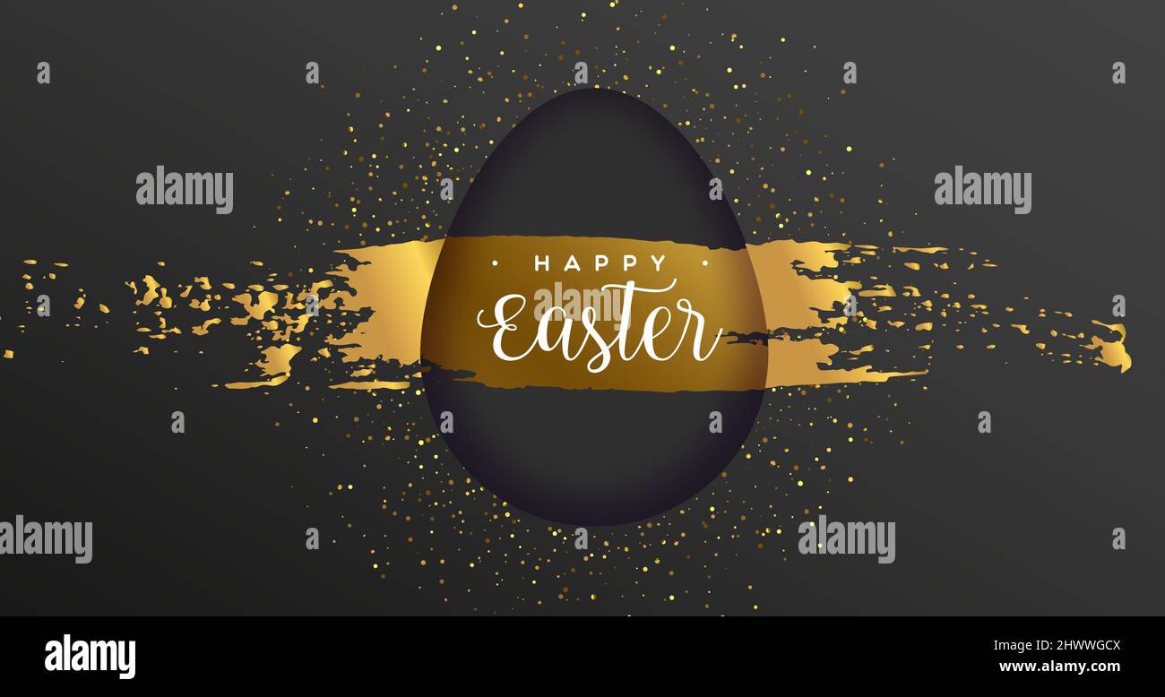 Happy Easter luxury greeting card illustration. Realistic 3d paper cut egg with gold glitter paint stroke for spring holiday celebration event. Stock Vector