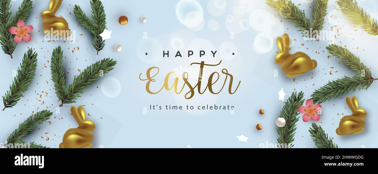 Happy Easter luxury web banner illustration. Realistic 3d gold rabbit with spring nature decoration for traditional religion holiday celebration event Stock Vector