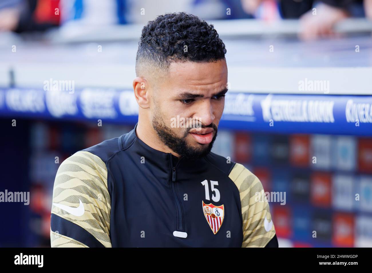 BARCELONA - FEB 20: Youssef En-Nesyri sits on the bench during the La Liga match between RCD Espanyol and Sevilla FC at the RCDE Stadium on February 2 Stock Photo