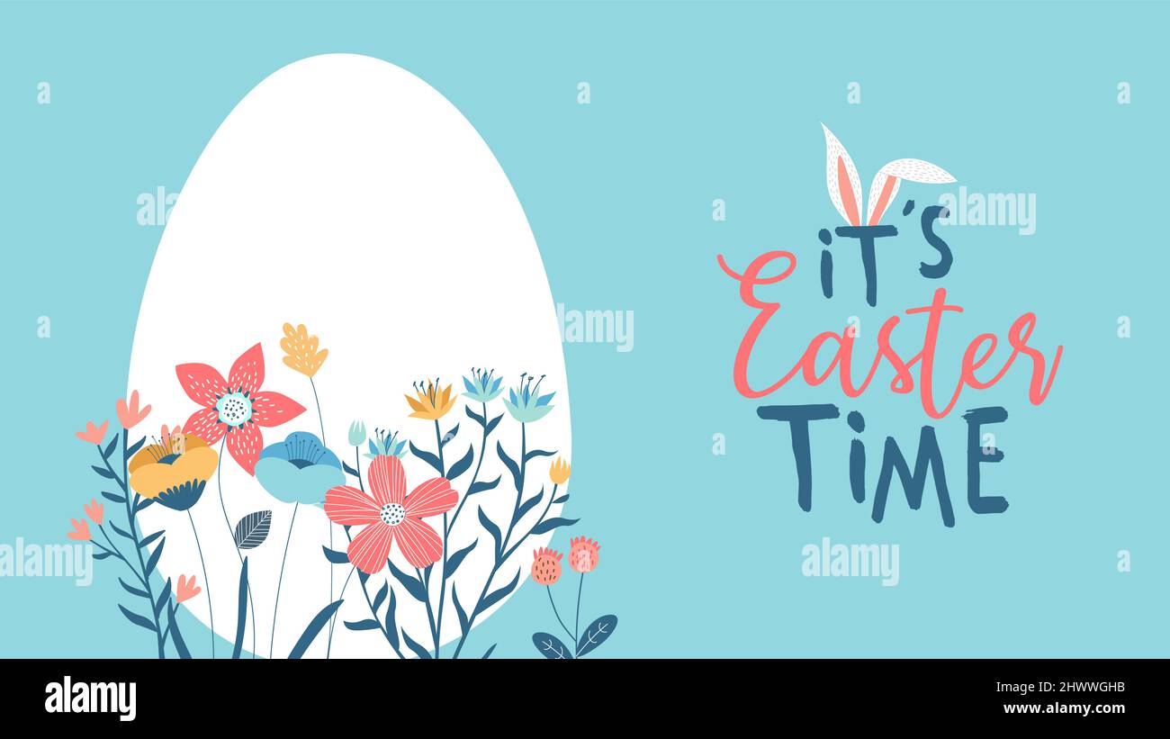 Happy easter greeting card illustration of egg with spring flowers and festive holiday text quote for celebration event or party invitation. Stock Vector